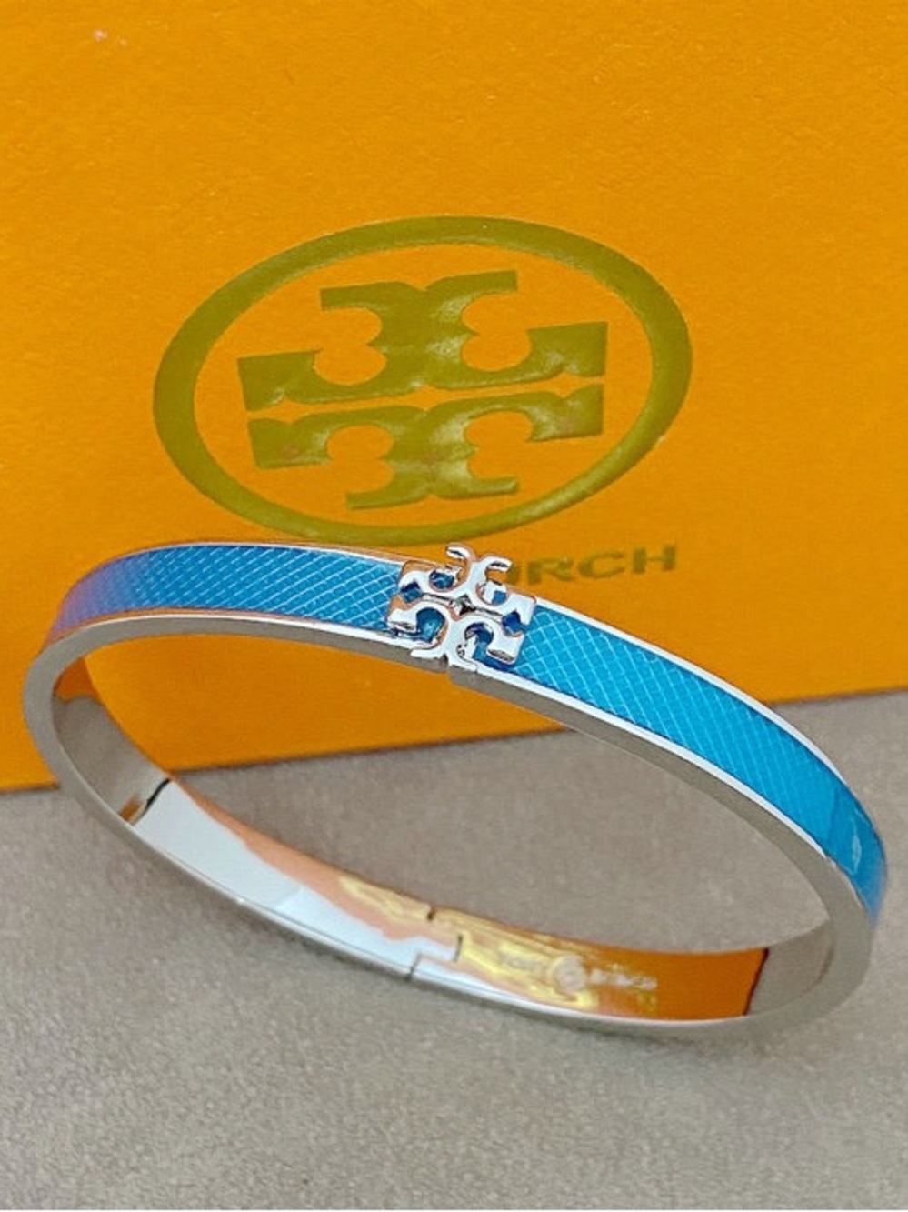 Tory Burch Blue Enamel Logo Hinge Bangle